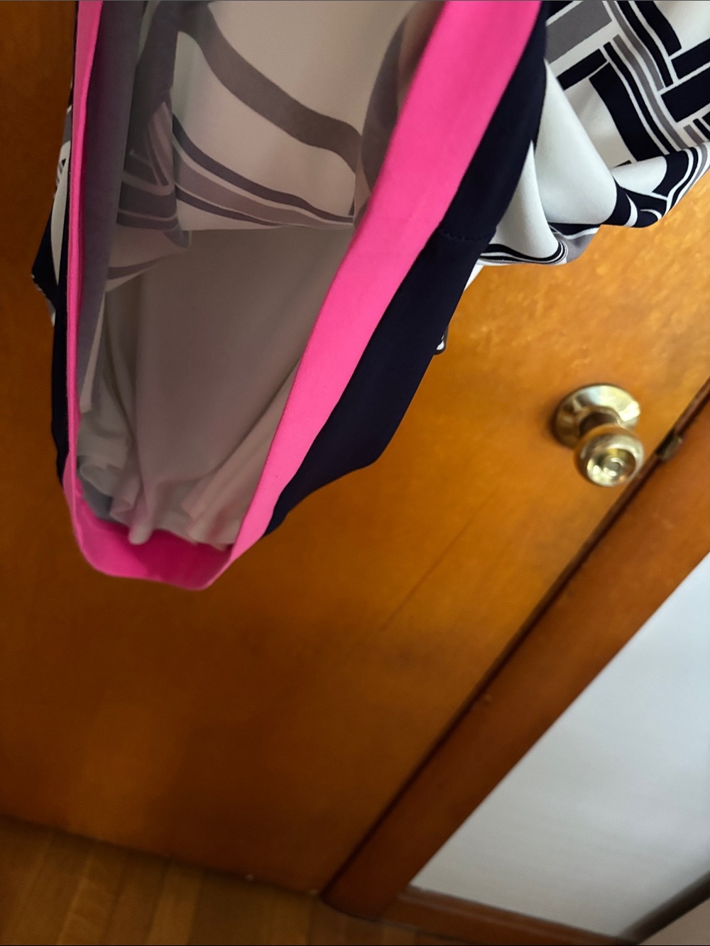 Vince Camuto White Navy Geometric Asymmetrical Dress with Pink Accents - Picture 4 of 5